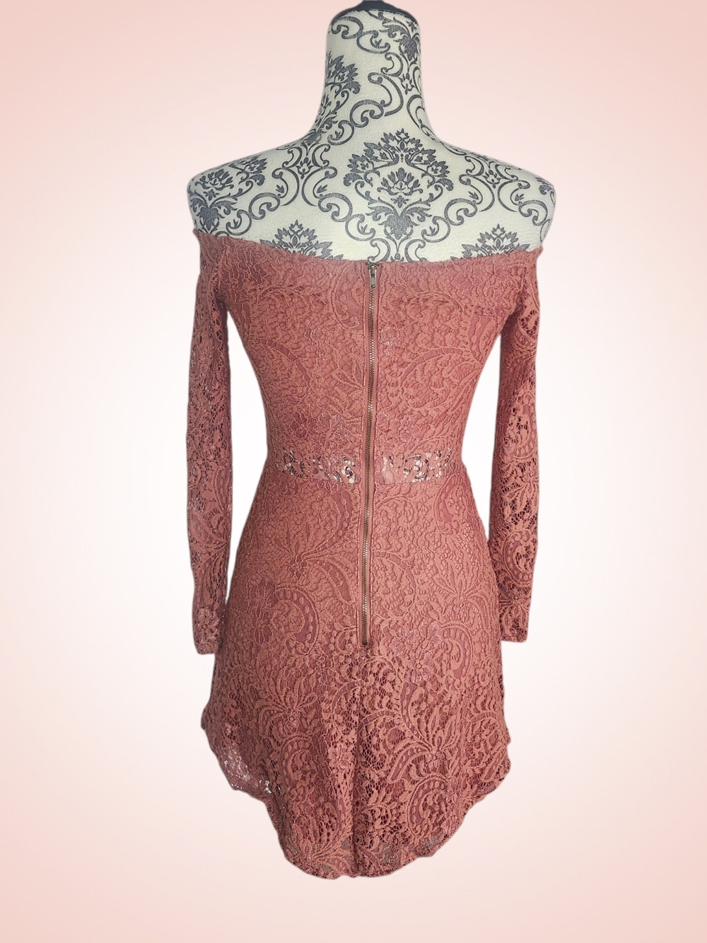 LOVE, FIRE Off-Shoulder Burnt Rose Lace Dress - Small - Picture 6 of 10